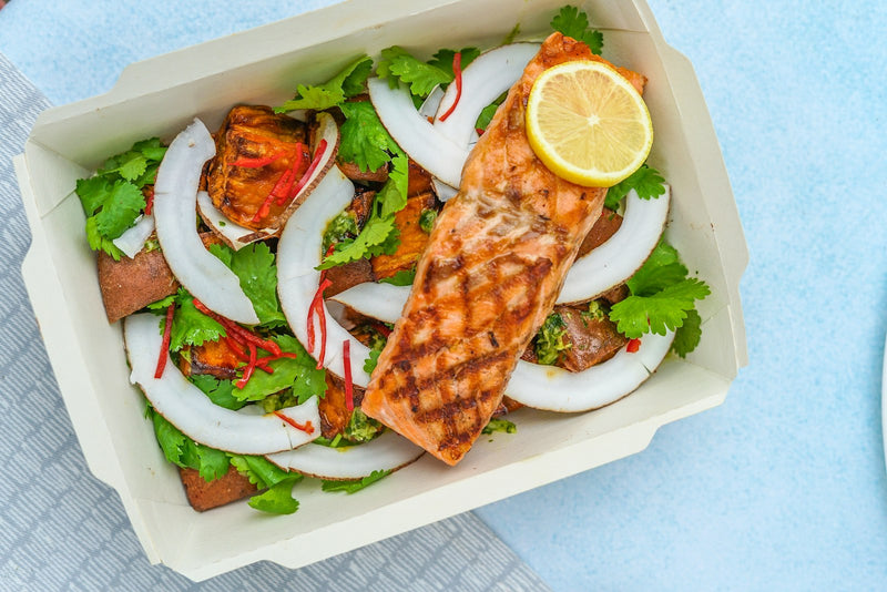 Healthy meal of grilled salmon and fresh vegetables on a plate